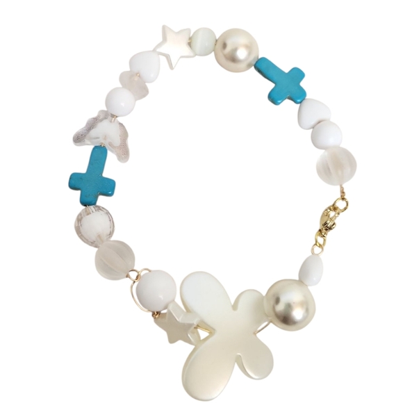 Turquoise Cross Acrylic Butterfly Star Disco Ball Heart Wire Pearl Bracelet - Picture 4 of 4